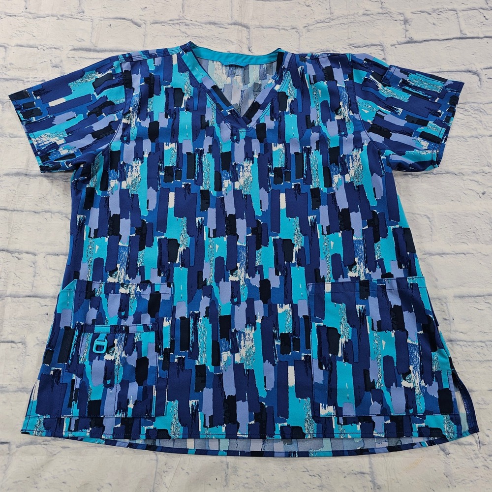 Carhartt Scrub Top Womens XL Blue Abstract Print V-Neck Utility C12114 Medical